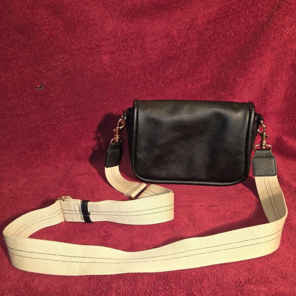 Universal Thread Handbags - Universal Thread Black Faux Leather Camera Crossbody Bag Cream Webbing Strap